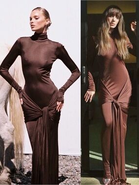 HELSA Slinky Jersey Sarong Maxi Dress Chocolate Brown NEW with tags